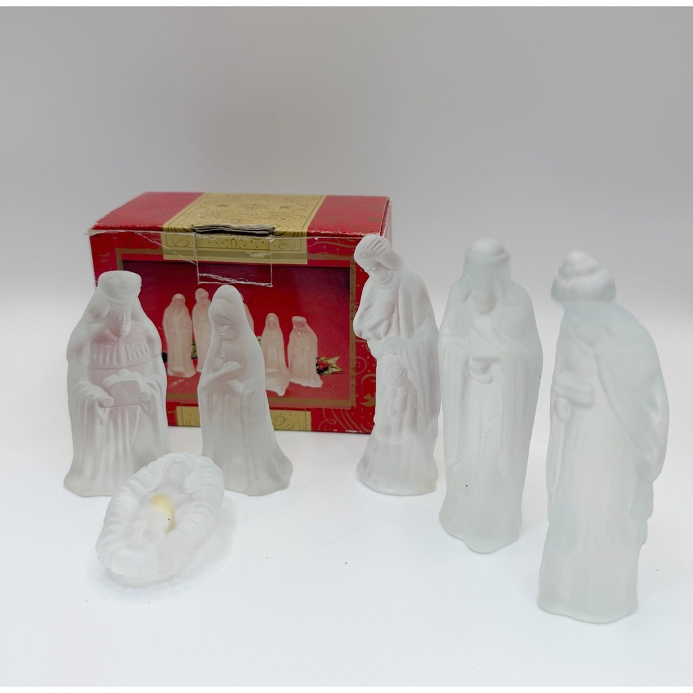 All The Trimmings Frosted Glass Nativity Set White Christmas Decor NIB Vintage